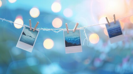 Aufkleber - Polaroid photographs hanging on twine with clothespins against a soft blue background during a warm evening. Generative AI