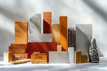 Wall Mural - Variety of construction materials displayed on a light background showcasing bricks, wood, and concrete blocks for design inspiration. Generative AI