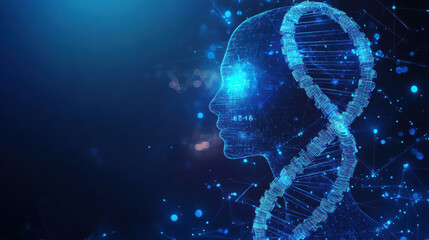 Digital background featuring a double helix and DNA structure in shades of blue, with hologram elements on the right side of the composition