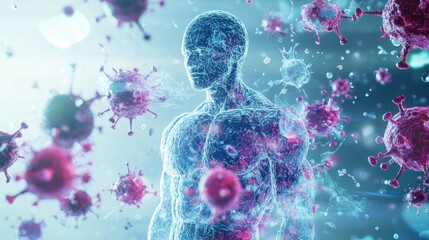 Poster - A digital representation of a human figure, surrounded by antibodies and shields, demonstrating immunity to external threats