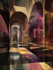Leinwandbilder - A virtual gallery features striking digital artworks and animated avatars in a beautifully designed hall with vibrant colors and reflections. Generative AI