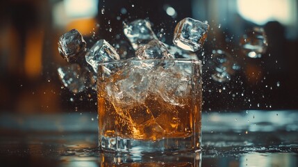 Poster - A dynamic shot of ice cubes splashing into a clear beverage on a table, creating exciting motion and space for adding text or copy, with a refreshing and lively vibe