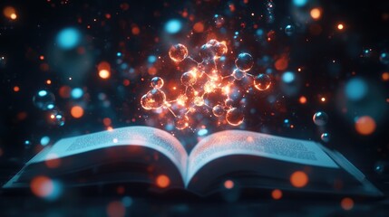 Fototapete - A glowing hologram of atoms and molecules emanating from an open book, creating a dynamic and intellectual atmosphere against a dark background