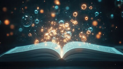 Fototapete - A glowing hologram of atoms and molecules emanating from an open book, creating a dynamic and intellectual atmosphere against a dark background