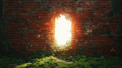 Poster - A glowing white hole breaks through an ancient red brick wall, with green moss scattered across the surface, emitting brilliant light and creating a sense of rupture