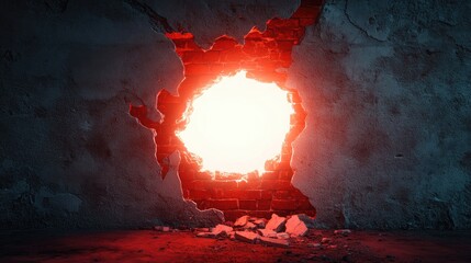 Poster - A glowing white hole emerges from a cracked concrete wall, revealing red ceramic bricks beneath and emitting intense light in a surreal and striking way