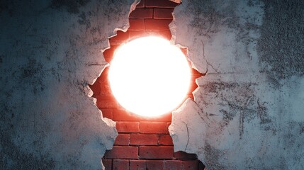 Poster - A glowing white hole emerges from a cracked concrete wall, revealing red ceramic bricks beneath and emitting intense light in a surreal and striking way