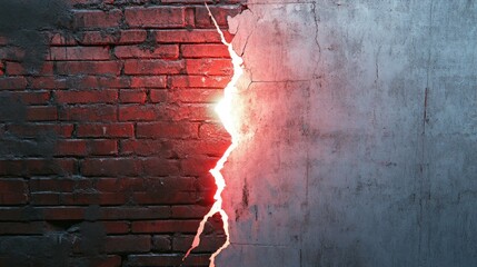 Aufkleber - A glowing white rupture forms in a cracked concrete wall, exposing red bricks, showcasing a dramatic breaking of the surface