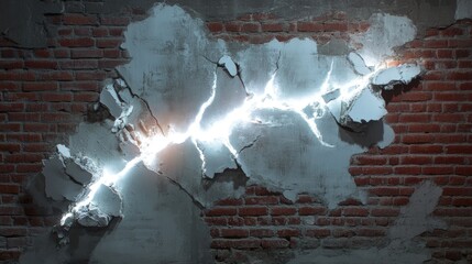 Aufkleber - A glowing white rupture forms in a cracked concrete wall, exposing red bricks, showcasing a dramatic breaking of the surface