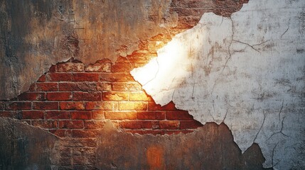 Aufkleber - A glowing white rupture forms in a cracked concrete wall, exposing red bricks, showcasing a dramatic breaking of the surface