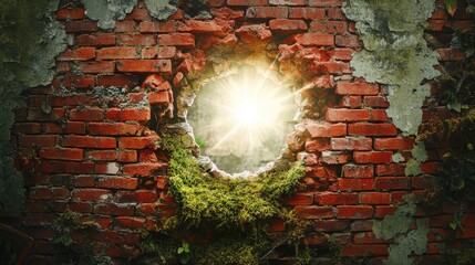 Aufkleber - A mysterious white hole breaks through an old red brick wall, covered with moss, releasing radiant light in a surreal and captivating moment of rupture