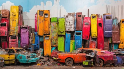 Poster - A panoramic view of a recycling yard where car doors, painted in bold colors, are stacked together in chaotic formation, symbolizing vibrant urban decay