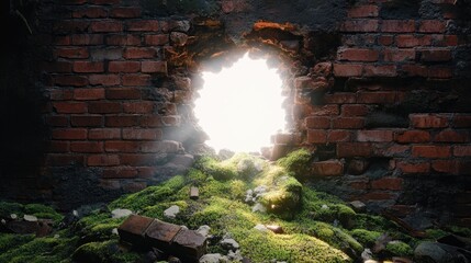 Poster - A radiant white hole cracks through an old red brick wall, with moss-covered patches glowing as the light escapes from the rupture, creating an otherworldly scene