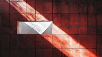 Poster - A radiant white void breaks through a rugged concrete wall layered with red ceramic bricks, casting dramatic light and shadow across the scene