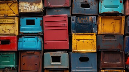 Poster - A recycling yard with car doors in bold colors stacked against one another, reflecting urban decay, contrasted with the vibrant hues of metal and rust