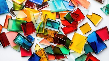 Poster - A scattered heap of colorful stained glass pieces, their vivid hues glowing against a stark white background, creating an artistic and vibrant display