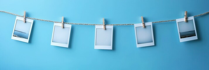 Aufkleber - Polaroid pictures hanging on a string with clothespins against a vibrant blue backdrop. Generative AI
