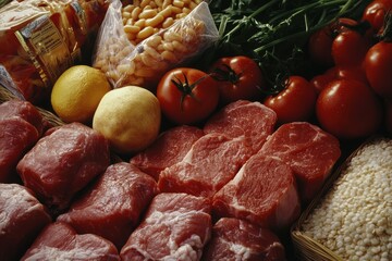 Poster - Fresh selection of meats, vegetables, and grains arranged on a market table showcasing vibrant colors and textures. Generative AI