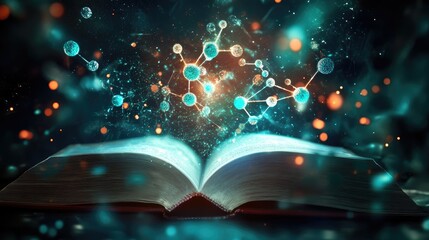 Aufkleber - A stunning holographic projection of atoms and molecules floating from an open book, with a dark, dramatic backdrop for a tech-inspired scene