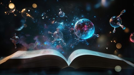 Aufkleber - A stunning holographic projection of atoms and molecules floating from an open book, with a dark, dramatic backdrop for a tech-inspired scene