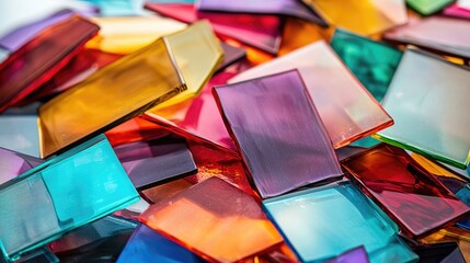 Poster - A stunning pile of colorful stained glass pieces, with sharp focus on their radiant colors and smooth textures, placed on a crisp white background