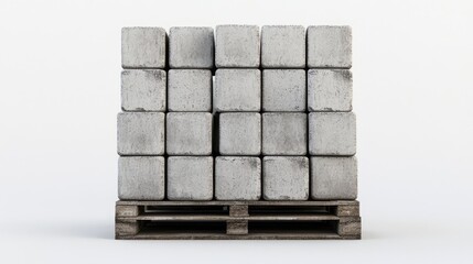 Poster - A sturdy pile of cement blocks stacked on a pallet, with sharp focus on the details of the blocks against a minimal white background