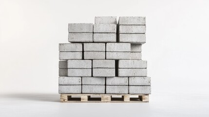 Poster - A sturdy pile of cement blocks stacked on a pallet, with sharp focus on the details of the blocks against a minimal white background