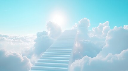 Aufkleber - A surreal, peaceful staircase of white steps ascending into the sky, surrounded by calm clouds and bathed in a soft, blue light
