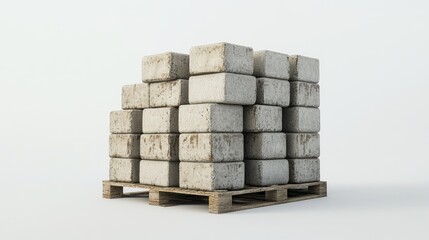Poster - A sturdy pile of cement blocks stacked on a pallet, with sharp focus on the details of the blocks against a minimal white background