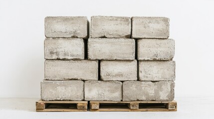 Poster - A sturdy pile of cement blocks stacked on a pallet, with sharp focus on the details of the blocks against a minimal white background