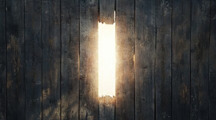 Poster - A surreal white void pierces through a rustic wooden plank wall, radiating intense light and creating a striking contrast between the solid wood and the ethereal glow