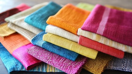 Poster - A tabletop spread with a variety of fabric swatches in vibrant colors and diverse textures, showcasing a creative and colorful design palette
