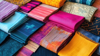 Poster - A tabletop spread with a variety of fabric swatches in vibrant colors and diverse textures, showcasing a creative and colorful design palette