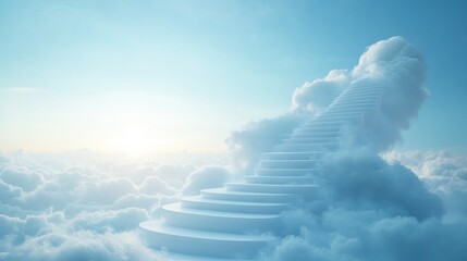 Poster - A tranquil and surreal scene of white steps rising into the sky, enveloped by soft clouds and bathed in a gentle blue light, symbolizing peace and serenity