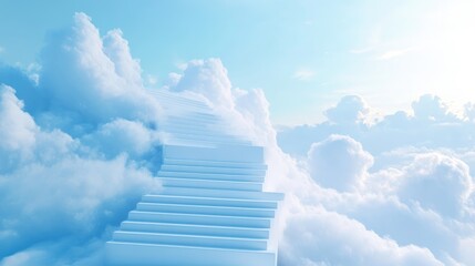 Poster - A tranquil and surreal scene of white steps rising into the sky, enveloped by soft clouds and bathed in a gentle blue light, symbolizing peace and serenity