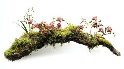Poster - A unique, old tree branch adorned with green moss and delicate orchids, isolated on white to create a natural yet elegant composition
