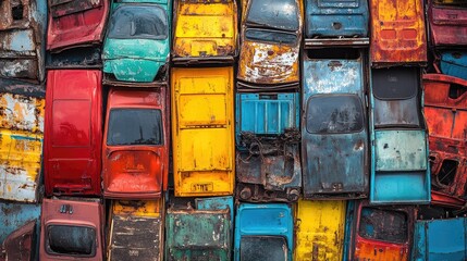 Poster - A vibrant and textured scene of car doors in a recycling yard, stacked together in an eclectic and colorful arrangement, evoking both decay and creativity