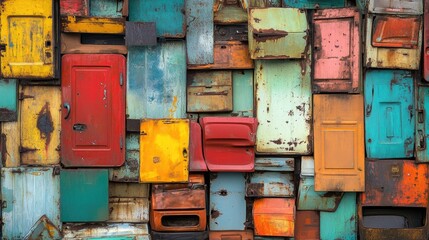 Poster - A vibrant and textured scene of car doors in a recycling yard, stacked together in an eclectic and colorful arrangement, evoking both decay and creativity