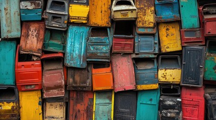 Poster - A vibrant and textured scene of car doors in a recycling yard, stacked together in an eclectic and colorful arrangement, evoking both decay and creativity