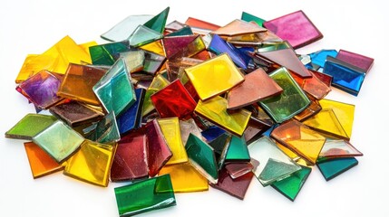 Poster - A vibrant pile of colorful stained glass pieces in sharp detail, arranged on a bright white background to accentuate the vivid colors and delicate textures