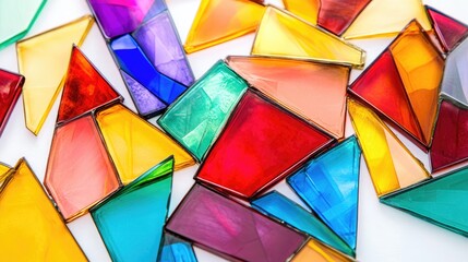 Poster - A vibrant pile of colorful stained glass pieces in sharp detail, arranged on a bright white background to accentuate the vivid colors and delicate textures
