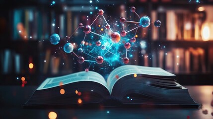 Aufkleber - A vivid holographic projection of atoms and molecules rising from an open book on a dark table, with a futuristic and scientific feel