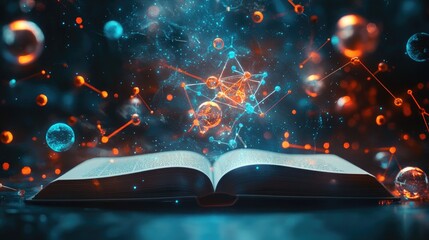 Aufkleber - A vivid holographic projection of atoms and molecules rising from an open book on a dark table, with a futuristic and scientific feel