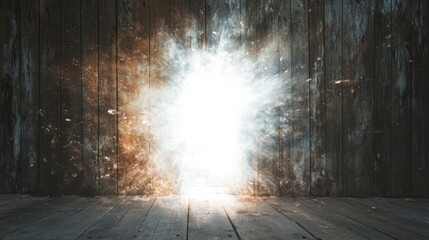 Poster - A white void bursts through an aged wooden wall, glowing with radiant light, creating an otherworldly and surreal effect