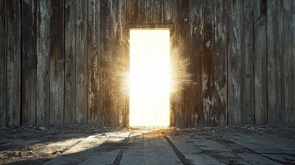 Poster - A white void bursts through an aged wooden wall, glowing with radiant light, creating an otherworldly and surreal effect