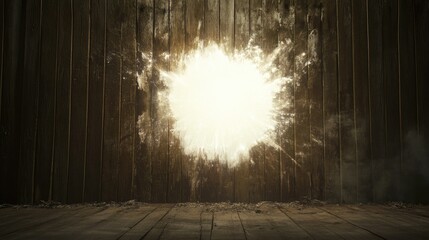 Poster - A white void bursts through an aged wooden wall, glowing with radiant light, creating an otherworldly and surreal effect