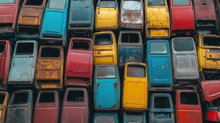 Poster - A wide-angle shot of a recycling yard filled with colorful car doors stacked together, showcasing the urban decay and vibrant textures of the environment