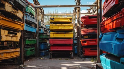 Poster - A wide-angle shot of a recycling yard with colorful car doors stacked in layers, creating a striking contrast of bold hues against the industrial backdrop