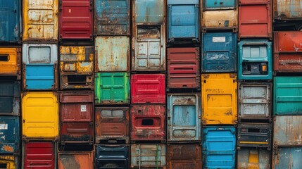 Poster - A wide-angle shot of a recycling yard with colorful car doors stacked in layers, creating a striking contrast of bold hues against the industrial backdrop