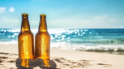 Poster - Beer bottles on the beach with golden liquid, surrounded by white sand and ocean waves, framed by a calm sea and bright blue sky for a relaxed, summer vibe